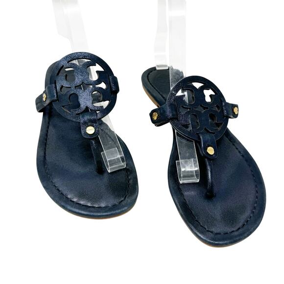 TORY Burch Navy Blue Sparkle Miller Logo Sandals Size 8.5 - Picture 1 of 10